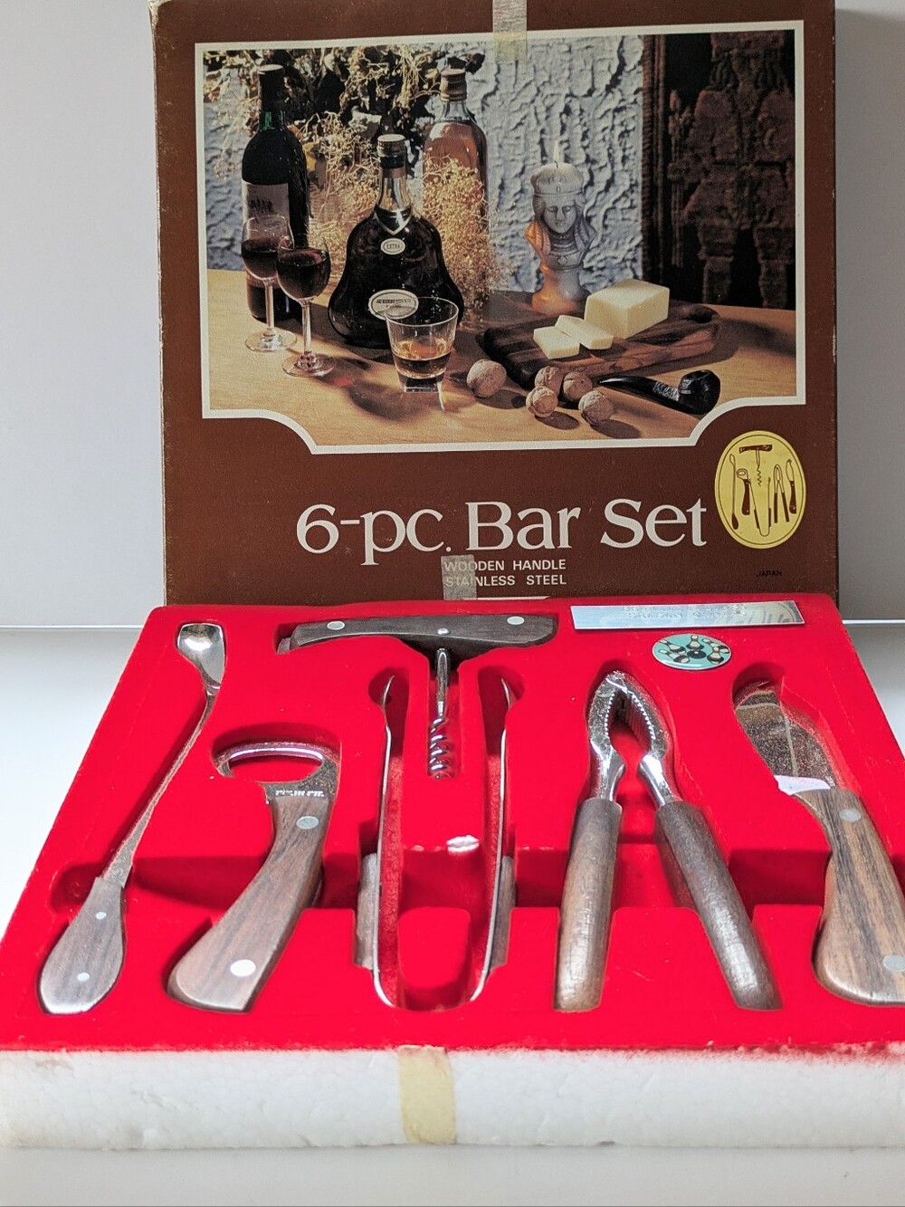 Vintage 6-Piece Bar Tools Set Stainless Steel Wood Handles 1980's Original Box